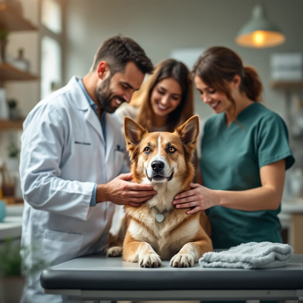 Hund auf Untersuchungstisch mit Tierärzten und Besitzer in der Klinik