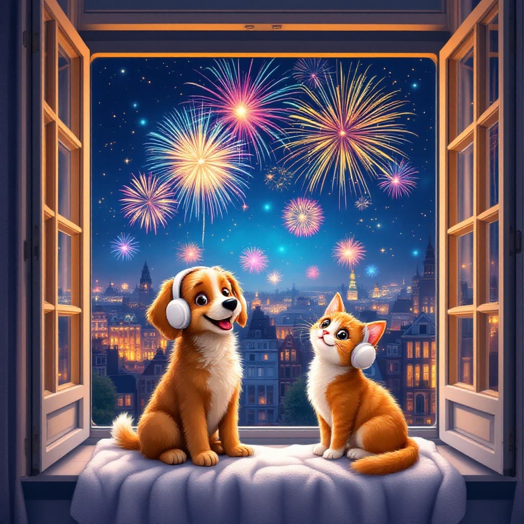 Dog and cat with headphones watching fireworks outside the window