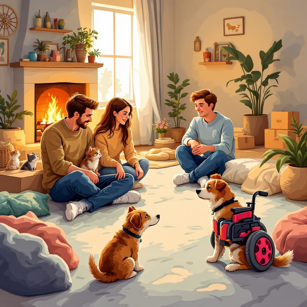 ห้องนั่งเล่นอบอุ่นกับผู้คน สุนัขและลูกแมว—บ้านใหม่สำหรับสัตว์เลี้ยง