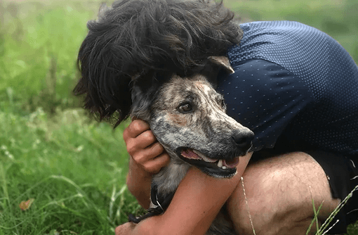 Volunteer embracing a rescued dog in the grass — visitors are welcome to volunteer at the Khon Kaen sanctuary